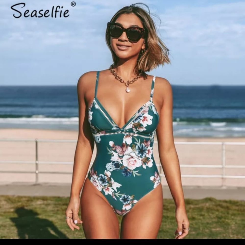 V-neck lace up monokini green floral monokini bathing suit beach wear#53
